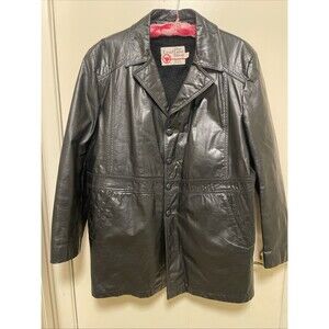 Vintage Sears Leather Shop Jacket Mens 42 Reg Black Car Coat Lined 70s